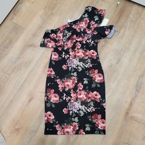 Be Divine Medium One-shoulder Black Floral Cocktail Dress
